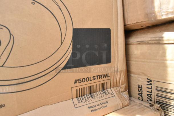 Cardboard boxes labeled "#500LSTRWL" and "Made in China," containing new scratch and dent items like yogurt cups and lids.
