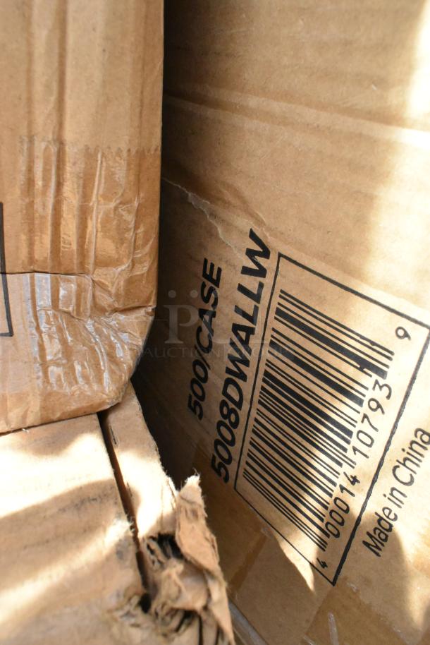 Cardboard boxes labeled "500 CASE 5008DWALLW," showing barcodes and "Made in China." Boxes slightly dented.