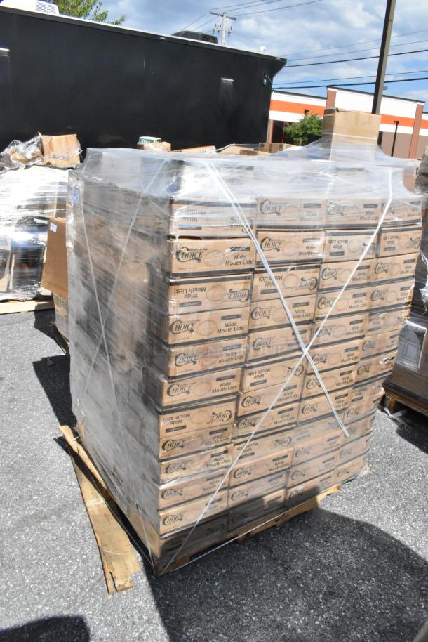 390 boxes of Choice Wide Mouth Lids for canning jars, 48 per pack, brand new with minor scratches, palletized.