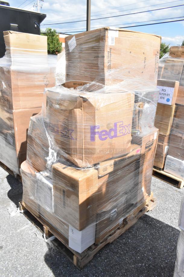 Pallet with boxed scratch and dent items, including plates and glasses, wrapped in protective film. Labels indicate FedEx and shipping info.