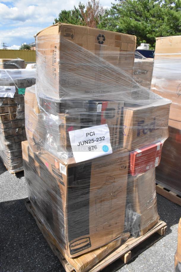 Stack of boxes containing 25 new scratch and dent items, including plastic plates, beer glasses, bowls, juice dispenser, glass rack.
