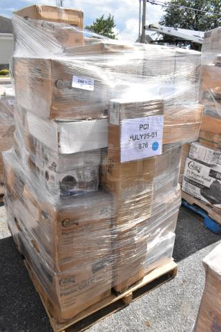 Pallet of 40 scratch and dent items including containers, gloves, paper rolls, plastic knives. Labeled "Plastic Cold Cups."