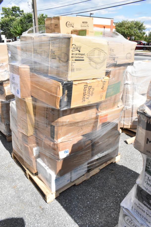 Pallet of assorted brand new items including containers, gloves, and paper rolls. Scratch and dent, wrapped in plastic.