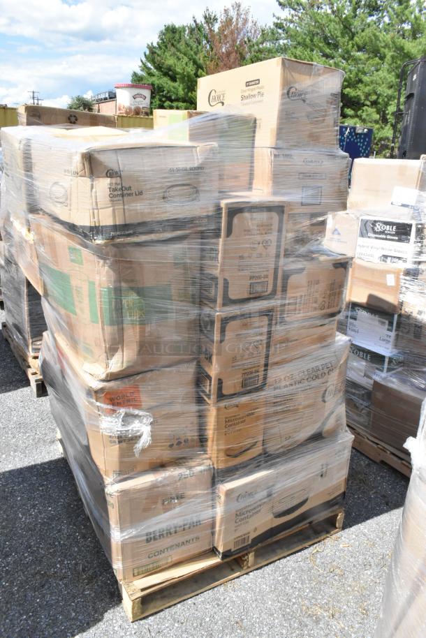 Pallet with 40 brand new scratch and dent items; includes containers, gloves, paper rolls, bags, cold cups, plastic knives.