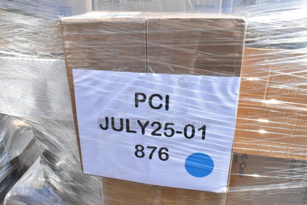 Pallet of 40 brand new scratch and dent items including containers, gloves, paper rolls, and labeled "PCI JULY25-01 876".