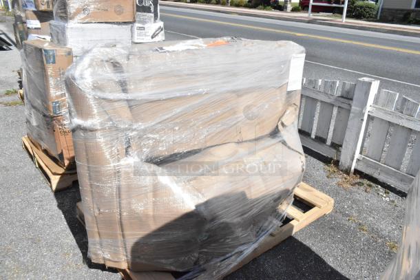 Shrink-wrapped brand new booth, displayed outdoors, labeled "SCRATCH AND DENT." Packaged on wooden pallet.