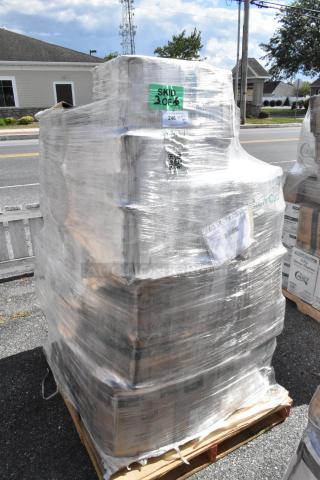 Pallet with 23 new scratch and dent items including portion cups and containers, wrapped in plastic with labels.