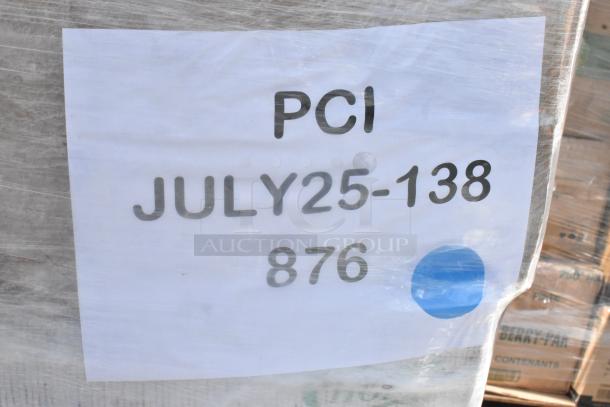 Pallet with plastic wrap, label "PCI JULY25-138 876" visible, blue dot marker. Contains assorted food containers.