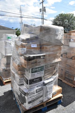 Palette of 27 brand new scratch and dent items, including Choice containers, straws, Noble gloves, wrapped tightly on pallets.