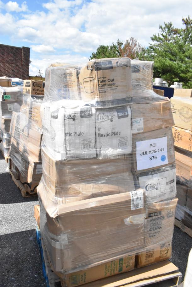 Pallet of new, scratch, and dent Choice brand items including containers, plates, and cups, wrapped in plastic with labels visible.