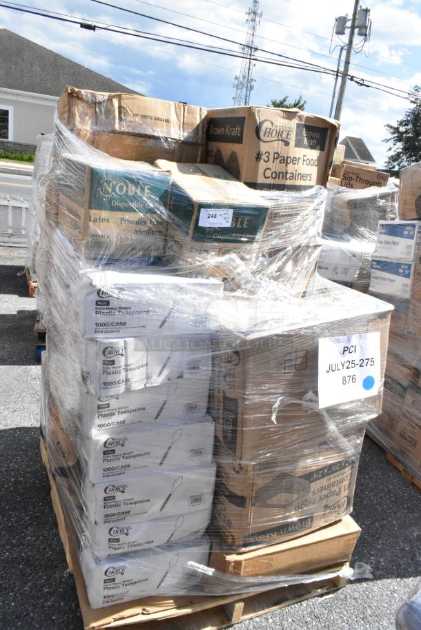 Pallet of various new items including Noble gloves, Choice paper containers, and plastic teaspoons, all shrink-wrapped.