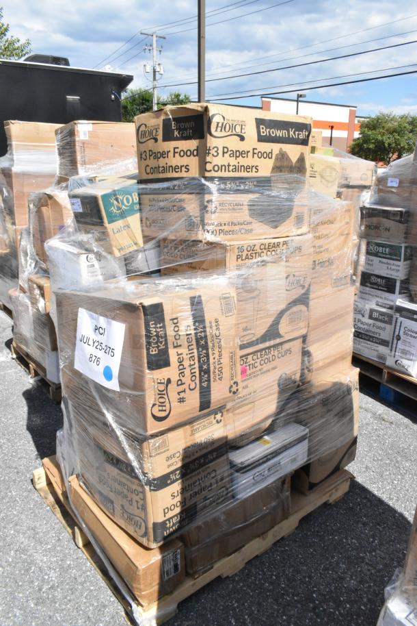 Pallet with assorted new scratch and dent items, including Choice paper food containers, clear plastic cold cups, and Noble gloves.