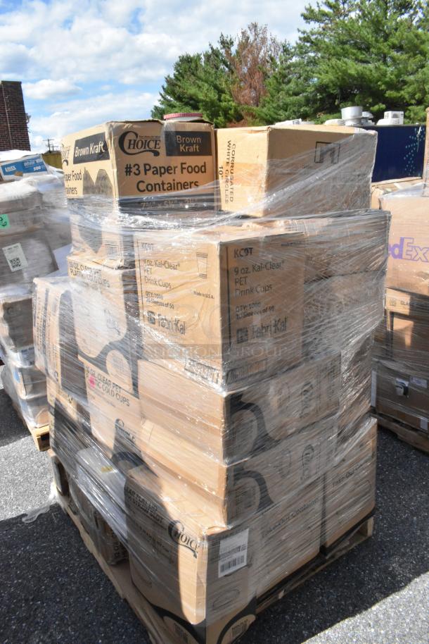 Pallet of assorted brand new scratch and dent items, including drink cups and food containers, wrapped in plastic.