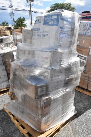 Pallet of scratch and dent items wrapped in plastic, including cold cups, table pan lids, bowls, and paper towels.