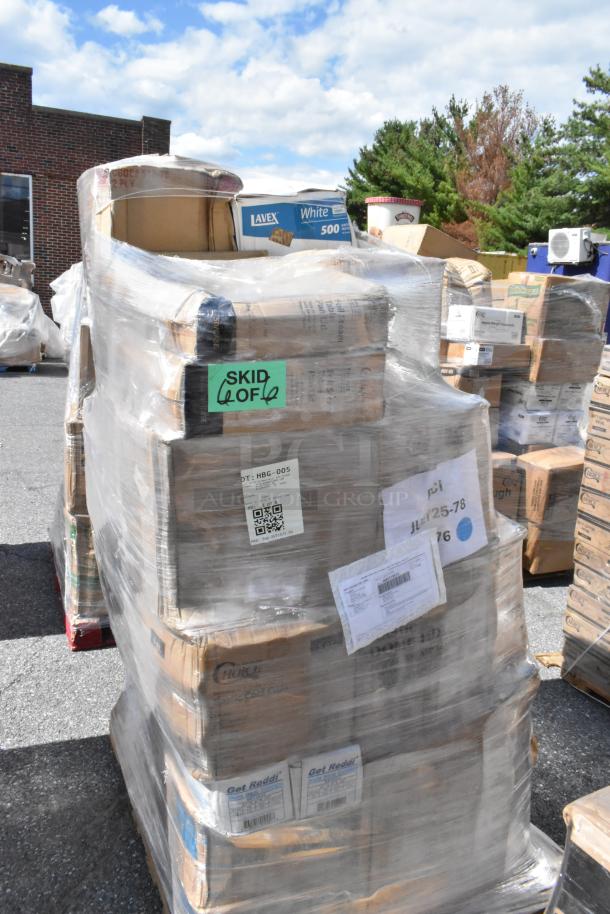Pallet of 30 new scratch and dent items, including cold cups, table pan lids, bowls, paper towels, and wrap sheets.