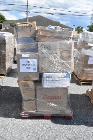 Pallet of 28 new scratch and dent items including towels, bottles, wrap sheets, cups, and gloves. Labeled: "PCI JULY25-132 876".