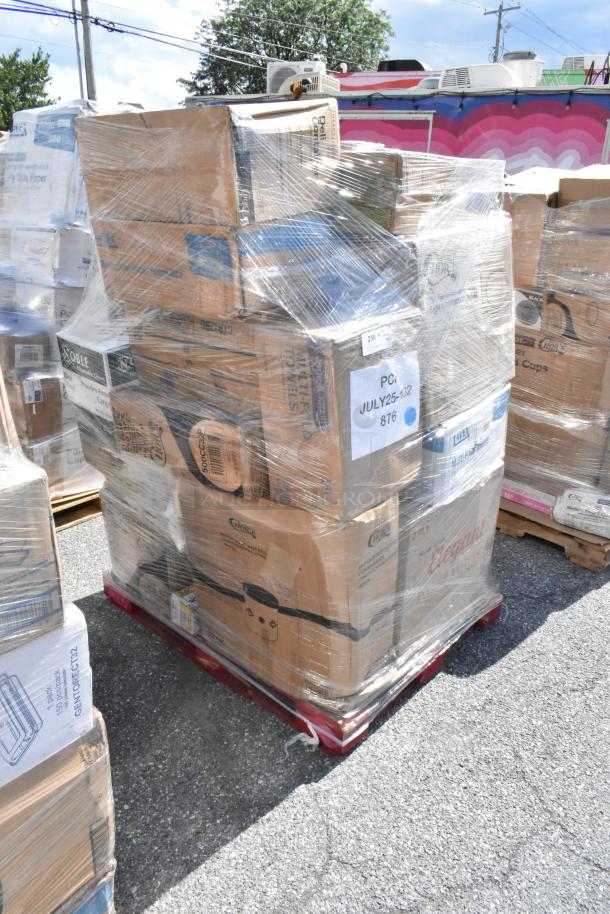 Plastic-wrapped pallet of scratch and dent items including towels, bottles, sandwich wrap sheets, cold cups, and gloves. Boxes labeled with brands and product types.