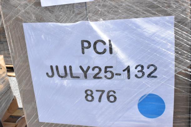 28 brand new scratch and dent items on a pallet with a tag reading "PCI JULY25-132 876." Items include towels and bottles.