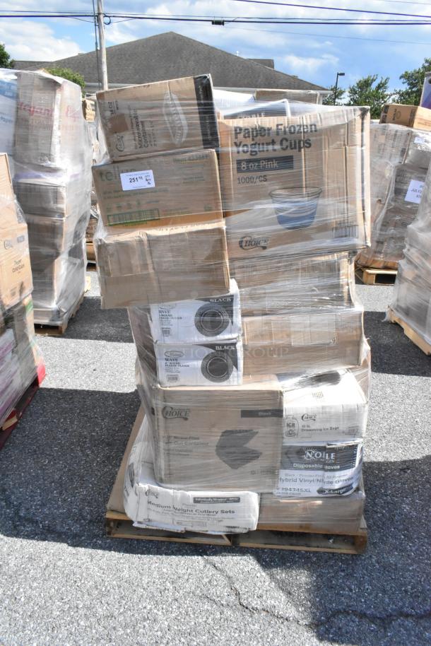 Pallet with 36 brand new "scratch and dent" items including napkins, plates, food cups, and gloves, wrapped in plastic.