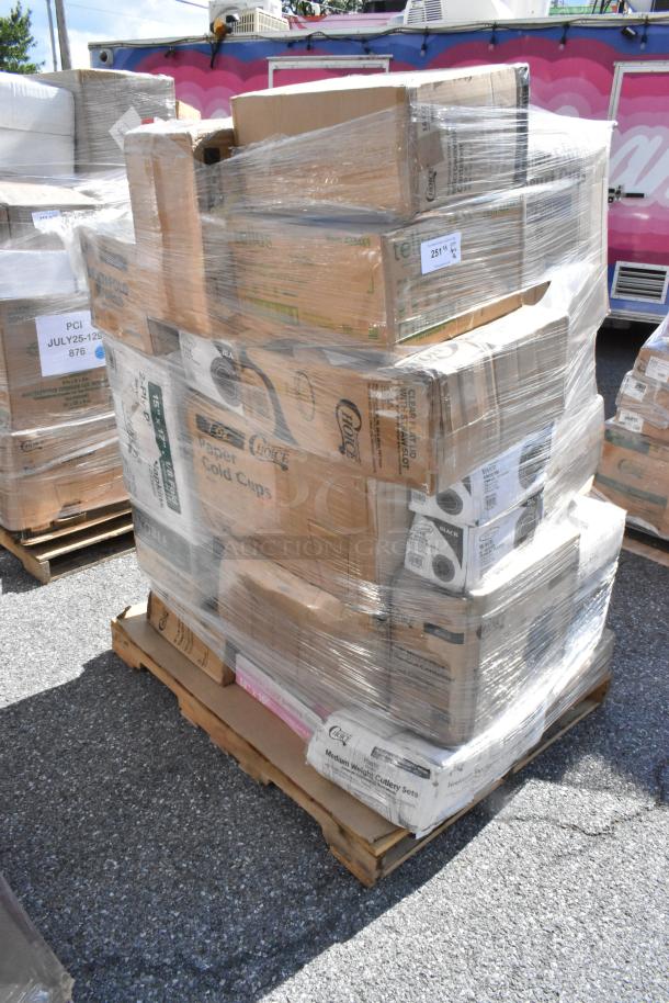 Shrink-wrapped pallet of assorted items: napkins, food cups, plates, hot cups, and gloves in new, scratch-and-dent condition.