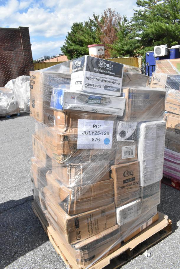 Pallet of assorted brand new items including Noble gloves, paper hot cups, napkins, and food containers, wrapped in plastic.