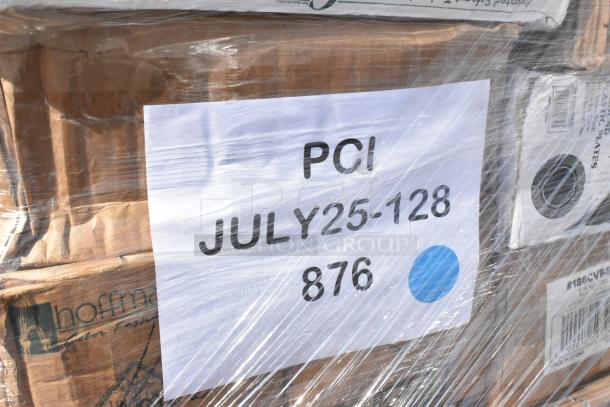 36 brand new scratch and dent items wrapped on pallet, includes napkins, food cups, plates, hot cups, and gloves, labeled PCI JULY25-128 876.