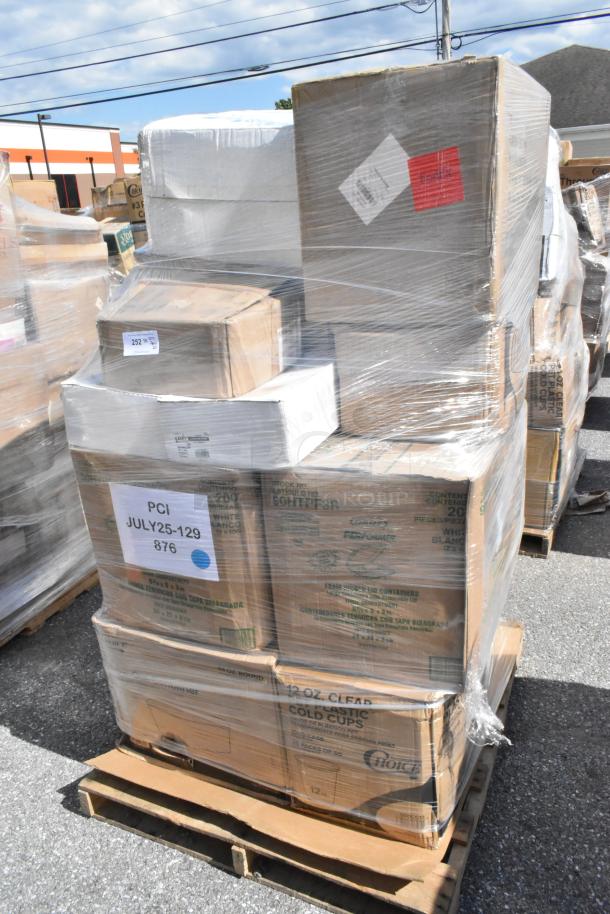 Shrink-wrapped pallet with boxes of cold cups, register printer rolls, and to-go containers labeled "PCI JULY25-129 876."