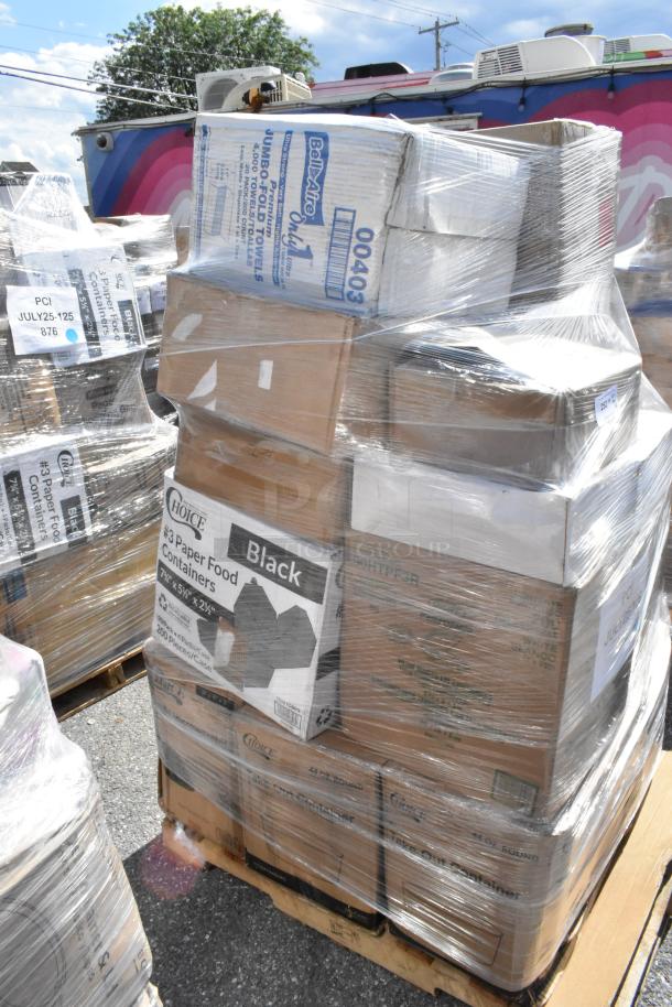 Pallet of assorted scratch and dent items, including cold cups and food containers, wrapped in plastic, labels visible.