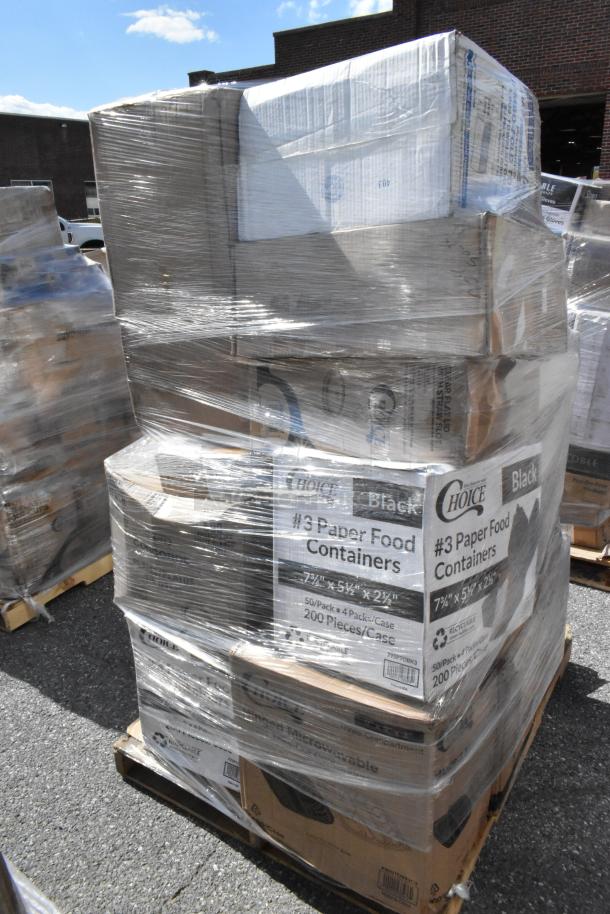 Shrink-wrapped pallet with scratch and dent items, including Choice paper food containers, labeled 200 pieces per case.