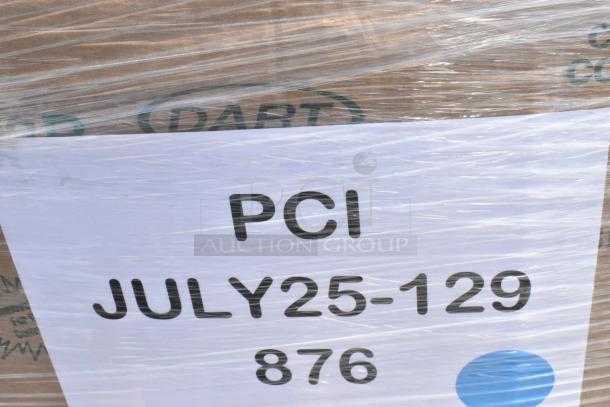Bulk items wrapped in plastic, labeled "PCI JULY25-129 876," containing cold cups and to-go containers.