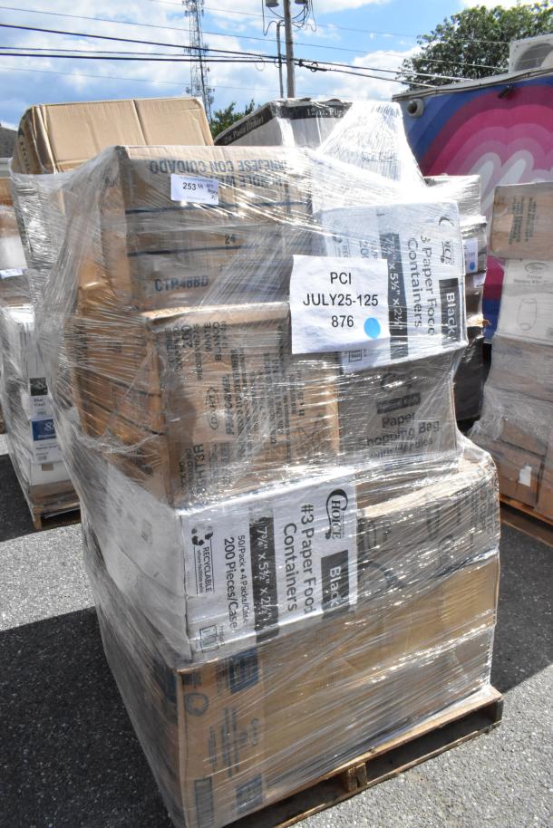 Pallet of 30 new scratch and dent items, including containers, napkins, paper towels, and cold cups, wrapped in plastic.