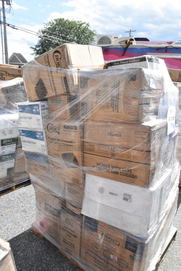 Pallet of 30 new scratch and dent items, including Choice containers and Noble napkins, wrapped in plastic.