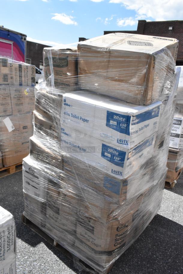Pallet with 30 brand new scratch and dent items including containers, napkins, paper towels, and cold cups. Box labels indicate various brands.