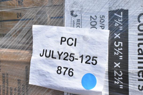 Shrink-wrapped pallet labeled "PCI JULY25-125 876", containing various containers and items, some with scratch and dent condition.