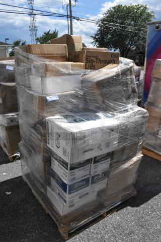 Pallet wrapped with boxes including plastic lids, cold cups, trash bags, and more. Various brands visible. 36 items.