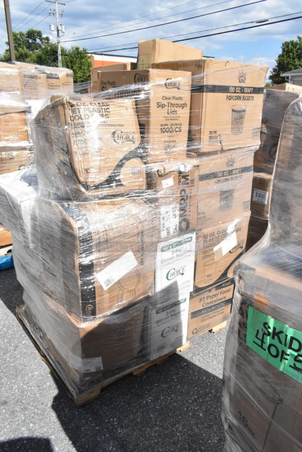 Pallet of assorted boxed items including lids, cups, trash bags, napkins. All brand new, scratch and dent condition.