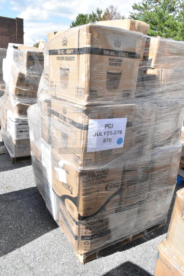 Shrink-wrapped pallets with assorted new scratch and dent items, including popcorn buckets, cold cups, and takeout containers.