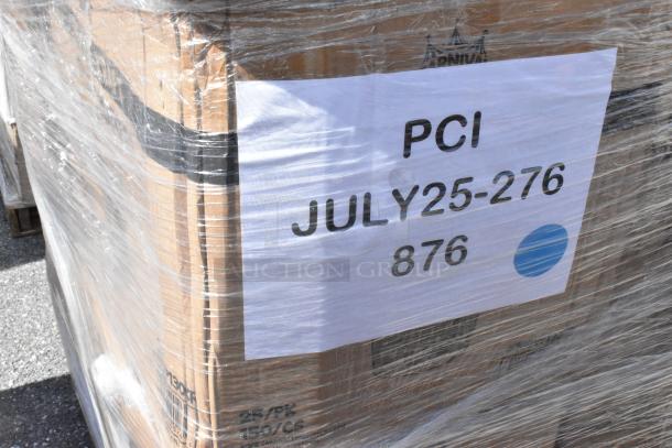 Pallet of 36 new scratch and dent items wrapped in plastic, labeled "PCI JULY25-276 876," includes cups, lids, bags.