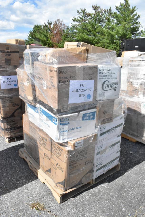 Pallet of boxed items labeled "Choice" and "Lavex," including napkins, cup carriers, deli containers. New, some scratch and dent.