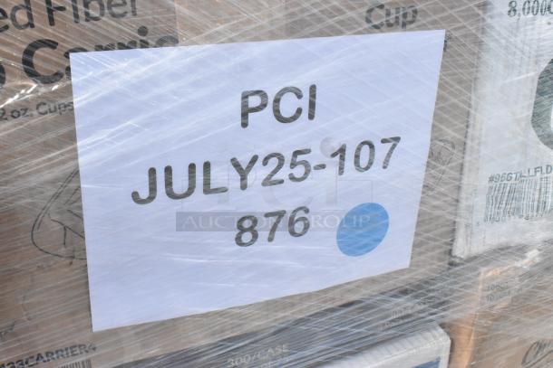 Plastic-wrapped pallet with label "PCI JULY25-107" containing assorted new scratch-and-dent items like napkins and cups.