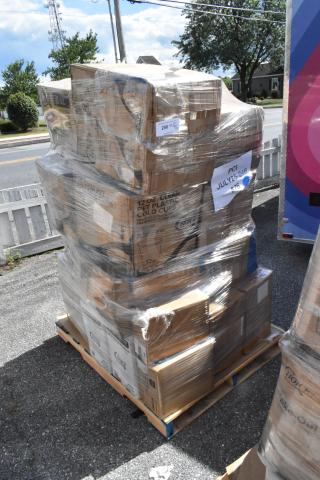 Pallet of 33 brand new items including trash can bags, cold cups, cookie bags, tumblers, souffle cups, placemats; plastic wrap intact.