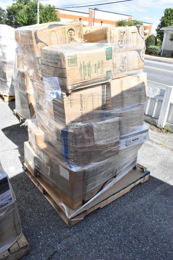 Pallet of 33 brand new scratch and dent items including trash bags and disposable cups, wrapped in plastic, visible box labels.