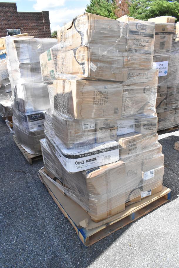 Pallet of 33 boxed items, including trash can bags, cold cups, cookie bags, each labeled "Choice" and "Noble."