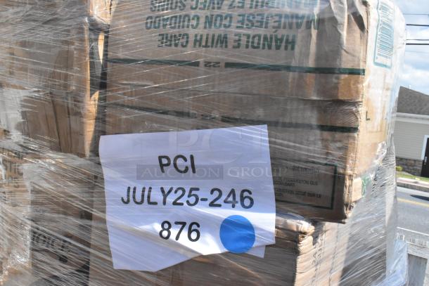 Pallet of 33 scratch and dent items shrink-wrapped, including various disposable products. Label reads "PCI JULY25-246 876."