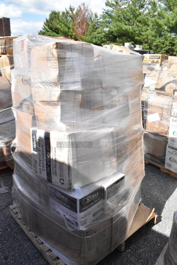 Pallet of 23 new scratch and dent items, including deli containers, paper plates, gloves, and cold cups, wrapped in plastic.