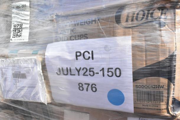 Pallet with mixed scratch and dent items, including deli containers, paper plates, gloves, and more. Label: "PCI JULY25-150 876".