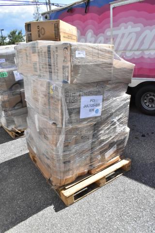 Pallet of assorted scratch and dent items, including portion cups, paper plates, cone cups. Boxes are shrink-wrapped, new condition.