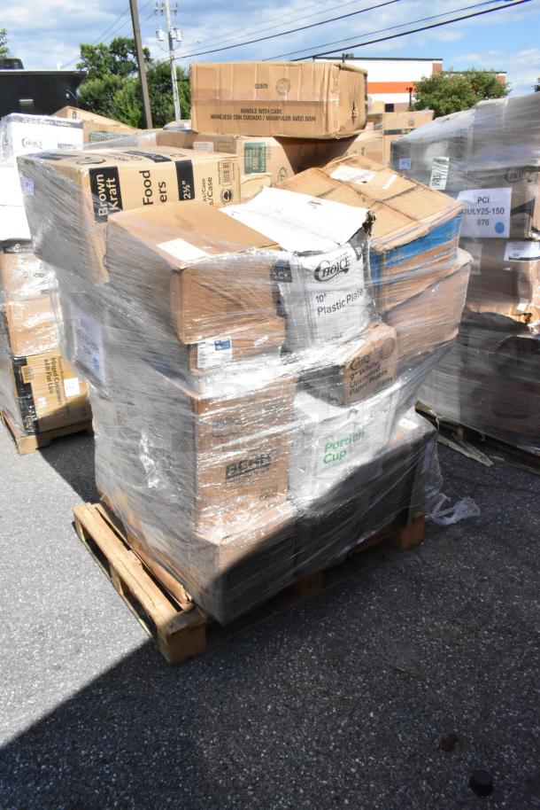 Pallet of 25 new boxes with paper plates, foam cups, cone cups, and portion cups, wrapped in plastic. Scratch and dent items.