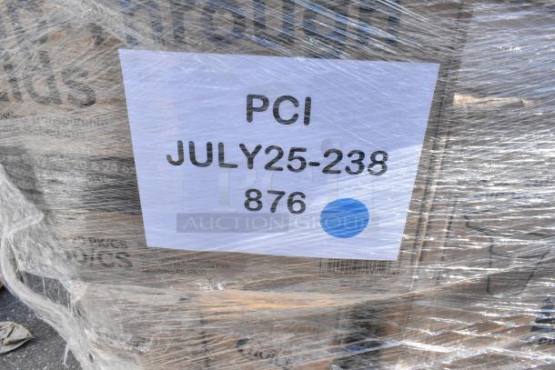 Pallet wrapped with label "PCI JULY25-238 876". Contains 25 brand new scratch and dent items like cups and plates.
