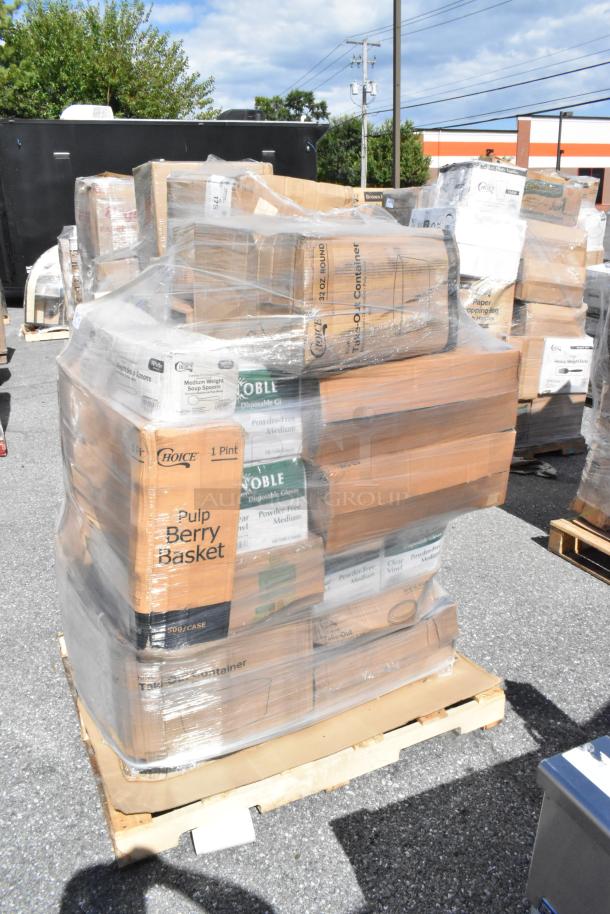 Pallet of 30 brand new scratch and dent items, including napkins, lids, produce baskets, gloves, and toilet paper, shrink-wrapped.